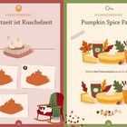 Herbstzeit ist Kuschelzeit. Pumpkin Spice Party. Schattenrätsel und Bildfehlersuche mit herbstlichen Illustrationen.