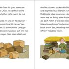 Links Text über Sten und Papa, der Bücher transportiert. Rechts Illustration: Kind im Bücherversteck mit Decke.