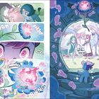 Sprechblasen lesen: "Die Kismut Blume", "Unico?", "Unicooooo?", "Es ist Zeit, Unico. Komm heim." Illustration zeigt eine magische Blume.