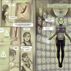 Mehrere Panels mit einem Mädchen, Interaktionshinweisen und technischen Elementen. Ein magischer Transferprozess.