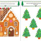 Ein Lebkuchenhaus mit Verzierungen und viele geschmückte Weihnachtsbäume, zwei davon sind identisch.