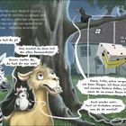 Eine Szene mit einem Zebra, einem Lama und einem Tier, das redet. Eine Katze sitzt im Baum, eine Bananenkiste als Falle.
