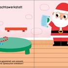 "In der Weihnachtswerkstatt" steht oben. Unten: "Hier werden alle Geschenke gesammelt und verpackt. Kannst du viele verschiedene Spielsachen einkleben?" Ein fröhlicher Weihnachtsmann hält eine Liste neben einem Sack mit Geschenken.
