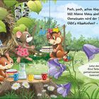 Poch, poch, schon klopft es an der Tür. Mit Mama Maus sind sie jetzt vier. Illustration von Tieren bei einem Picknick.