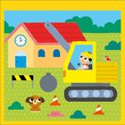 Ein gelber Bagger und eine Uhr auf einem Haus; Kind mit Helm in der Fahrerkabine, Hund, Kegel und Vogel sind auch zu sehen.
