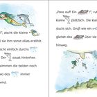 Text beschreibt ein Abenteuer einer kleinen Meerjungfrau und eines Delfins, die einem Boot ausweichen. Illustrationen zeigen sie im Wasser.