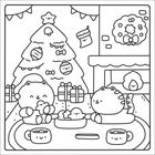 Zwei niedliche Katzen bei einem mit Ornamenten geschmückten Weihnachtsbaum, Geschenke, heißen Kakao, Kamin und Kranz.