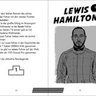 Text beschreibt, wie ein Fahrer Weltmeister wird. Rechts eine Illustration eines Rennfahrers mit dem Text "LEWIS HAMILTON!".