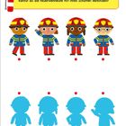 Text: "Kannst du die Feuerwehrleute mit ihren Schatten verbinden?" Vier bunte Feuerwehr-Karikaturen über blauen Silhouetten.