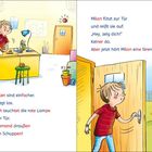 Links ist ein Junge an einem Tisch mit Werkzeug, rechts öffnet er eine Tür ins Freie. Text beschreibt seine Handlungen.