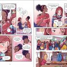 Links: Mädchen spricht mit Freundin auf einem Bett über einen Jungen. Rechts: In der Schule, Junge weicht aus. Illustrationen.