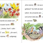 Text über zwei Seiten mit Illustrationen von Blumen, Tieren und einer kleinen Fee in einem Vogelnest.