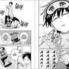 Mehrere Personen sind in einer komödiantischen Manga-Szene. Geräusche und überraschte Ausrufe wie "GLUBB", "GLITTER", und "WAAH" sind zu sehen. Es gibt Dialoge über einen Drink, der klebrig macht. Eine Figur trägt eine Augenmaske.