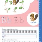 Verbinde Bilbo Biber mit den Ästen. Bb, B wie Biber. Übe B und b zu schreiben. Illustration von Biber mit Ästen.