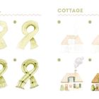 Illustration mit dem Text: "SCHAL" und "COTTAGE". Links vier Schals, rechts vier Häuschen.