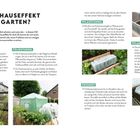 Text: „TREIBHAUSEFFEKT IM GARTEN?“ Überschriften: Gewächshaus, Folientunnel, Pflanzentunnel, Pflanzenglocken, Frühbeet. Enthält Fotos von Garteneinrichtungen.