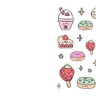 Illustration von niedlichen Desserts: Donuts, Erdbeeren, Kuchen, Milchshakes, umgeben von Sternen und Pluszeichen.