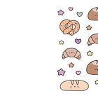 Illustration von lächelnden Backwaren (Brezeln, Brötchen, Croissants) umgeben von bunten Herzen und Sternen.