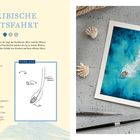 "KARIBISCHE BOOTSFAHRT". Liste der Materialien und Farben. Illustration von einem Boot auf türkisem Wasser.