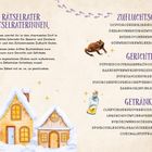 Texte: "Liebe Rätselrater und Rätselraterinnen", "Zufluchtsorte", "Gerichte", "Getränke". Drei Häuser im Schnee, winterlich dekoriert.