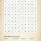 Buchstabensalat mit Wörtern: Adler, Schlange, Dachs, Löwe. Aufgabe: Tiere auf Wappen der Häuser finden. Umlaute als ae, oe, ue.