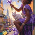 Text: "0. DER NARR". Frau in lila Kleid auf Balkon, lächelnd mit Lila Blume, weiße Katze nebendran, sonnige Straße im Hintergrund.