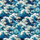Keine Texte vorhanden. Illustration mit blauen, sich brechenden Wellen, inspiriert von traditionellen japanischen Kunstmotiven.