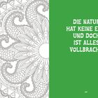 „Die Natur hat keine Eile, und doch ist alles vollbracht.“ Links schwarz-weiße Mandala-Illustration, rechts grüner Hintergrund.