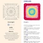 "CIRCLES; Schwierigkeit, Größe ca. 17x17 cm; Material: Gründl Funny uni 21 Hellgrün; So geht’s; Granny Squares; Diagramm links, farbige Häkelarbeit rechts."