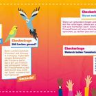 Freundschafts-Check mit Checkerfragen zu Tieren, Lachen, Freundzahl, Ähnlichkeit, Dauer. Bunte Illustrationen von Menschen und Vögeln.