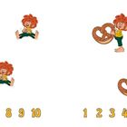 Text: "Wie viele Pumuckl könnt ihr zählen? Kreist jeweils die richtigen Zahlen ein." Illustration von Pumuckl mit Brezeln.