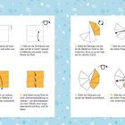 Eine Anleitung zur Origami-Schmetterlingsfaltung, umrahmt von buntem Muster. Enthält elf Schritte mit visuellen Anweisungen.