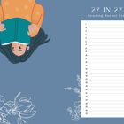 "27 IN 27 Reading Bucket List" ist oben geschrieben. Eine Illustration zeigt eine Person, die ein Buch hält, umgeben von Blumen.
