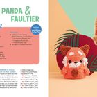 "ROTER PANDA & FAULTIER" in großen grünen Buchstaben. Zwei gehäkelte Tiere: ein roter Panda und ein Faultier auf farbigem Hintergrund.