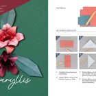 "Material: 2 Papierquadrate Blüte, 14x14cm, Falzbein oder Stift. Anleitung: Falten mit nummerierten Schritten, Amaryllis in Origami-Stil."