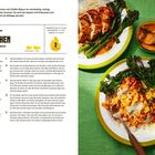 "Kokoshähnchen mit Chiliöl-Glasur", Rezepttext links, farbenfrohe Teller mit Hähnchen und Brokkoli rechts auf grünem Untergrund.