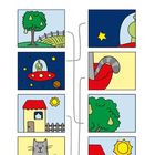 Text: "Lösung". Links eine Bildreihe: Baum mit Früchten, UFO, Haus, Katze. Rechts korrespondierende Bilder: Nacht, Fenster, Tag.