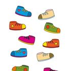 "So ein Durcheinander! Findest du das Gegenstück zu jedem Schuh? Verbinde die Paare miteinander." Bunte Schuhe.