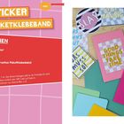 DIY-Sticker aus Paketklebeband. Materialien: Backpapier; transparentes Paketklebeband. Tafel mit bunten Designs.