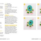 Texte: "22. Rd: 1 fM, 1 M abn’, von * bis * noch 5x wdh." Bilder: Bunte gehäkelte Kreatur mit Gliedmaßen und Fühlern.