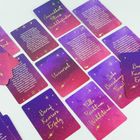 Karten mit Titeln: Gesundheit, Universal, Beruf. Farben: Lila und Rosa mit goldenen Sternen und Monden.