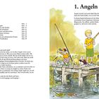 "1. Angeln" und "Inhalt". Kinder angeln von einem Steg. Eine Person sitzt mit Hund in einem kleinen Boot auf dem Wasser.