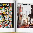 Links: "DOMUS" in bunten Buchstaben über farbigen Würfeln. Rechts: "domus" oben, Silhouette einer Figur vor einer Wendeltreppe.