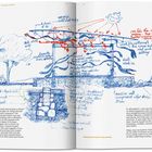 Texte: "Place — The Gando Projects — Primary School", "sun hits the metal sheet roofing", "hot air escapes", "fresh wind in". Skizze einer Gebäudestruktur mit Bäumen und Beschriftungen, die Luftstrom und Materialien beschreiben.