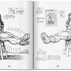 "Big Legs" und "Snod Comics" sind zu lesen. Zwei Personen sitzen auf Hockern mit ausgestreckten Beinen. Illustration.