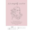 "Wonderfully created" oben, Psalm 139,14 unten. Line Art einer Frau mit Blumen und Kalender für den Monat April darunter.