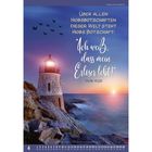 Text: „Über allen Hiobsbotschaften dieser Welt steht Hiobs Botschaft: 'Ich weiß, dass mein Erlöser lebt!' Hiob 19,25.“

Landschaft: Ein Leuchtturm an einer felsigen Küste bei Sonnenuntergang. Vögel fliegen im Himmel.