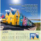 Text oben: "Was ich dir wünsche: Leuchtende Sterne über dir, Menschen auf deinen Wegen..." Bunte Häuser in einer Reihe. Kalender unten mit April-Tagen.
