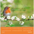 Text: "Seht euch die Vögel an!... Matthäus 6,26". Ein Vogel sitzt auf einem blühenden Zweig, darunter ein Aprilkalender.