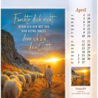 Text: "Fürchte dich nicht, denn ich bin mit dir; hab keine Angst, denn ich bin dein Gott! Jesaja 41,10."  
Kalenderseite April. Illustration: Hirte mit Schafen im Sonnenuntergang.